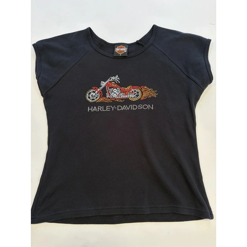 Vintage Harley Davidson Womens L Black Beaded RHINESTONE‎ Mortorcycle RARE